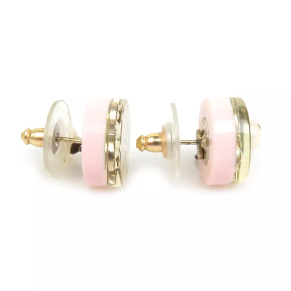 CHANEL Resin Crystal Pearl Striped CC Drop Earrings Pink Gold - Picture 3 of 5